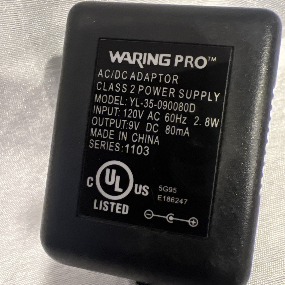 Waring Pro AC/DC Adapter Model YL-35-090080D 9V DC 80mA Series 1103‎
